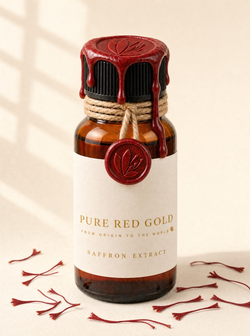 Amber glass bottle of saffron extract sealed with crimson wax, jute twine and a cream PURE RED GOLD label