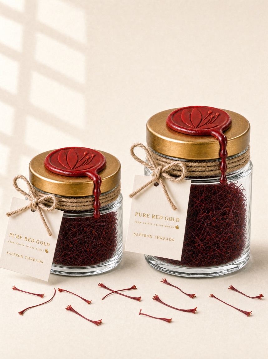 Two wax-sealed glass jars of Super Negin saffron threads on warm ivory