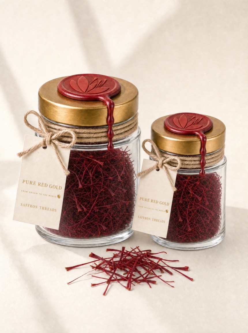 Two wax-sealed glass jars of Super Negin saffron threads on warm ivory