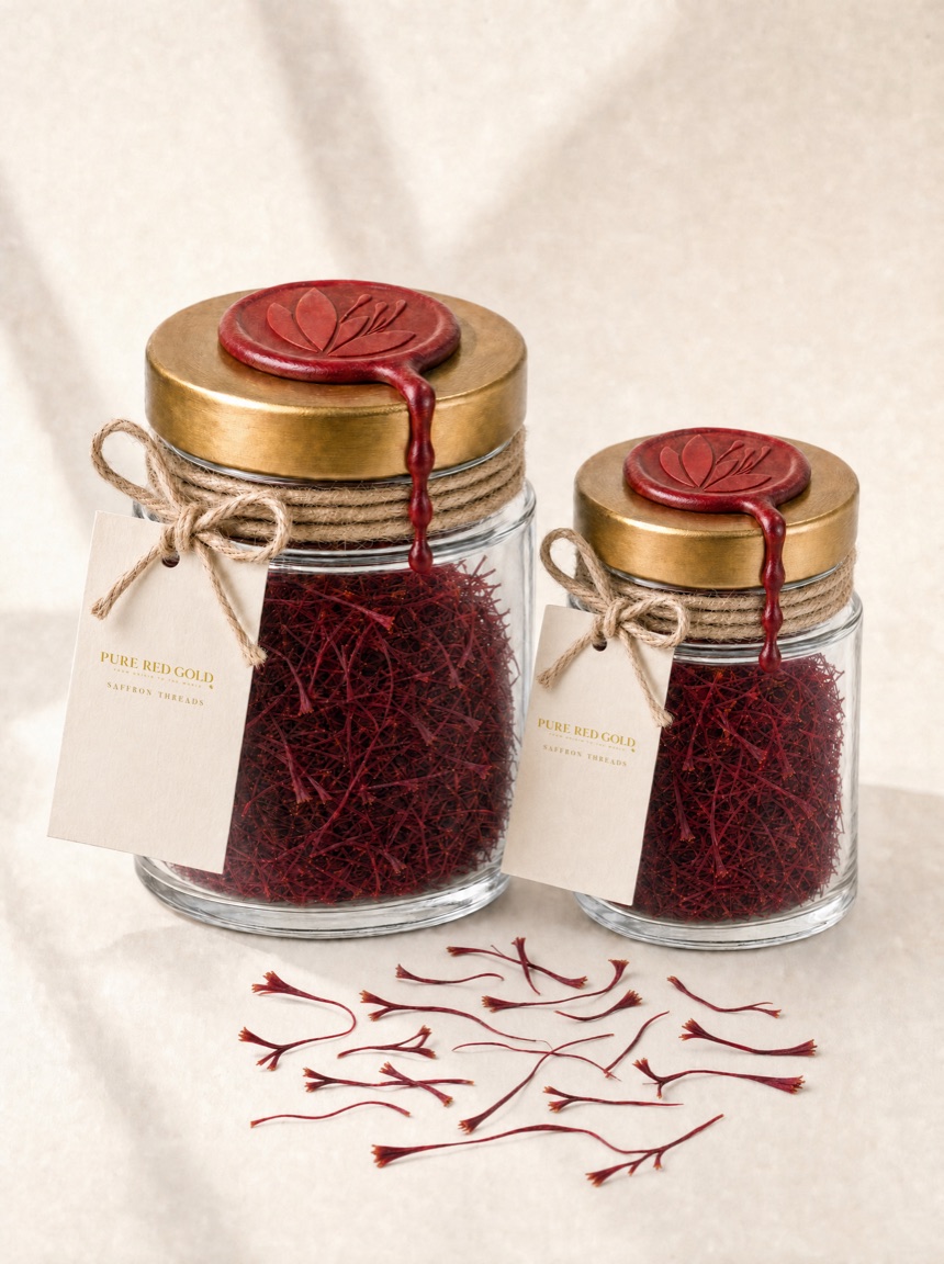 Two wax-sealed glass jars of Super Negin saffron threads on warm ivory