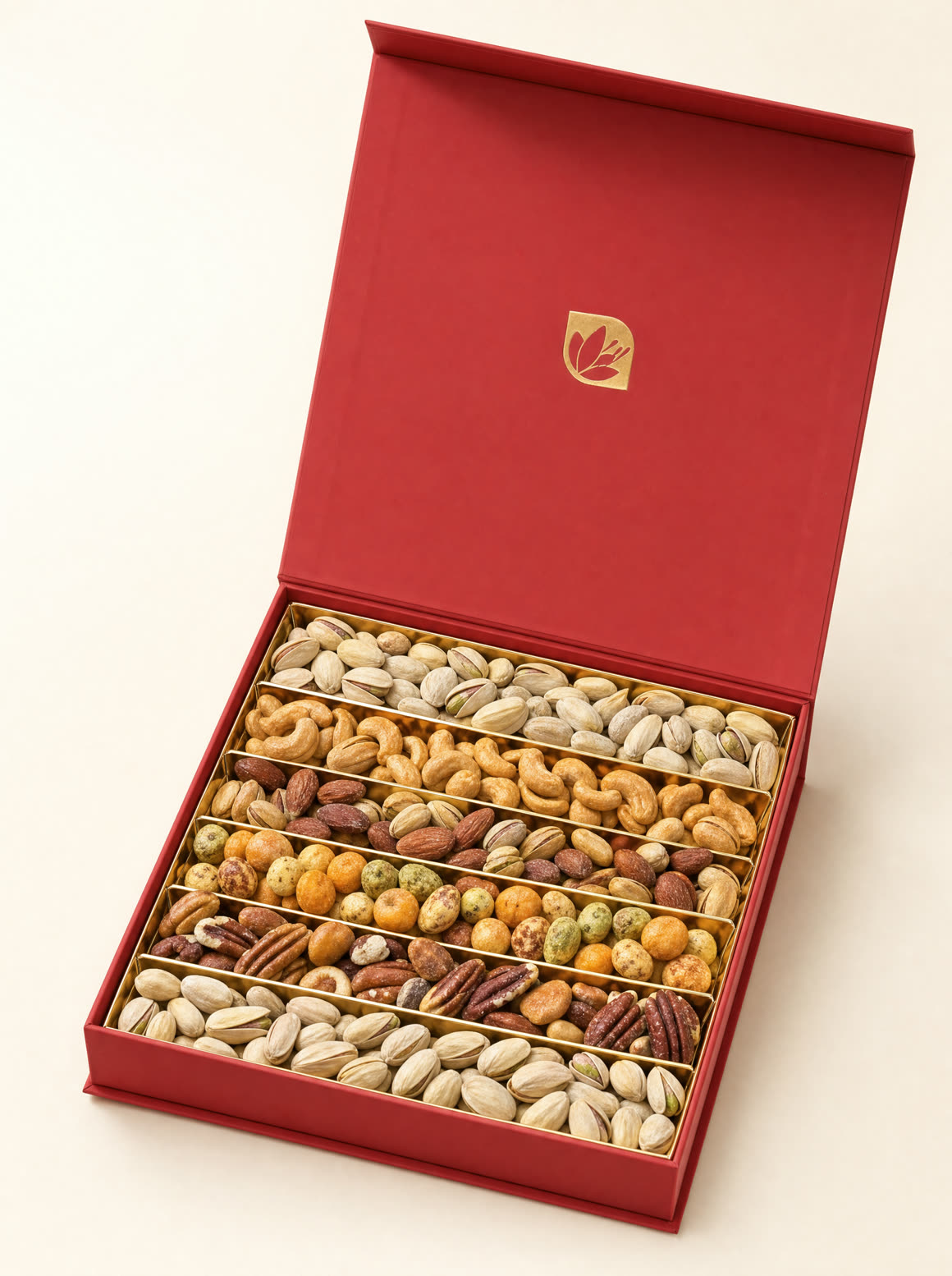 Open red gift box of premium roasted mixed nuts in a gold five-row tray