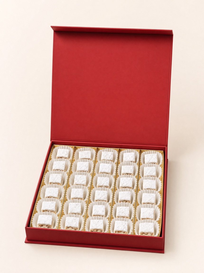 Open red Pure Red Gold gift box of coconut-rolled squares in white paper cups on warm ivory