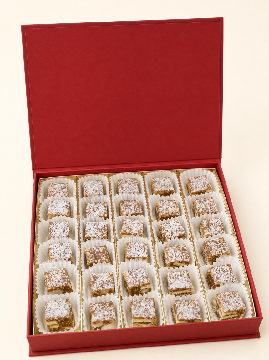 Open red Pure Red Gold gift box of coconut-dusted macadamia date squares in white paper cups on warm ivory