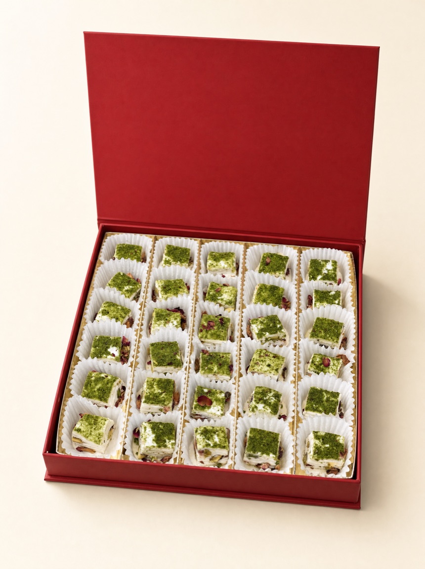 Open red Pure Red Gold gift box of pistachio-dusted mastic squares in white paper cups on warm ivory