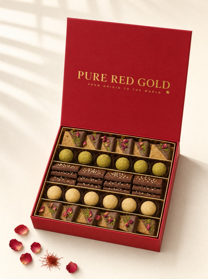 Open gift box of rose-red saffron and pistachio delights on warm ivory